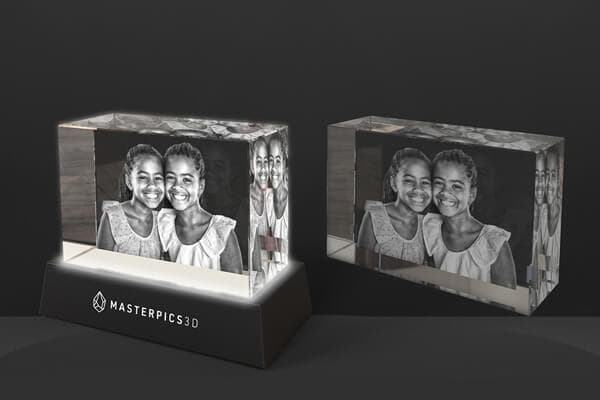 Cube de cristal photo 3D avec et sans base lumineuse en bois