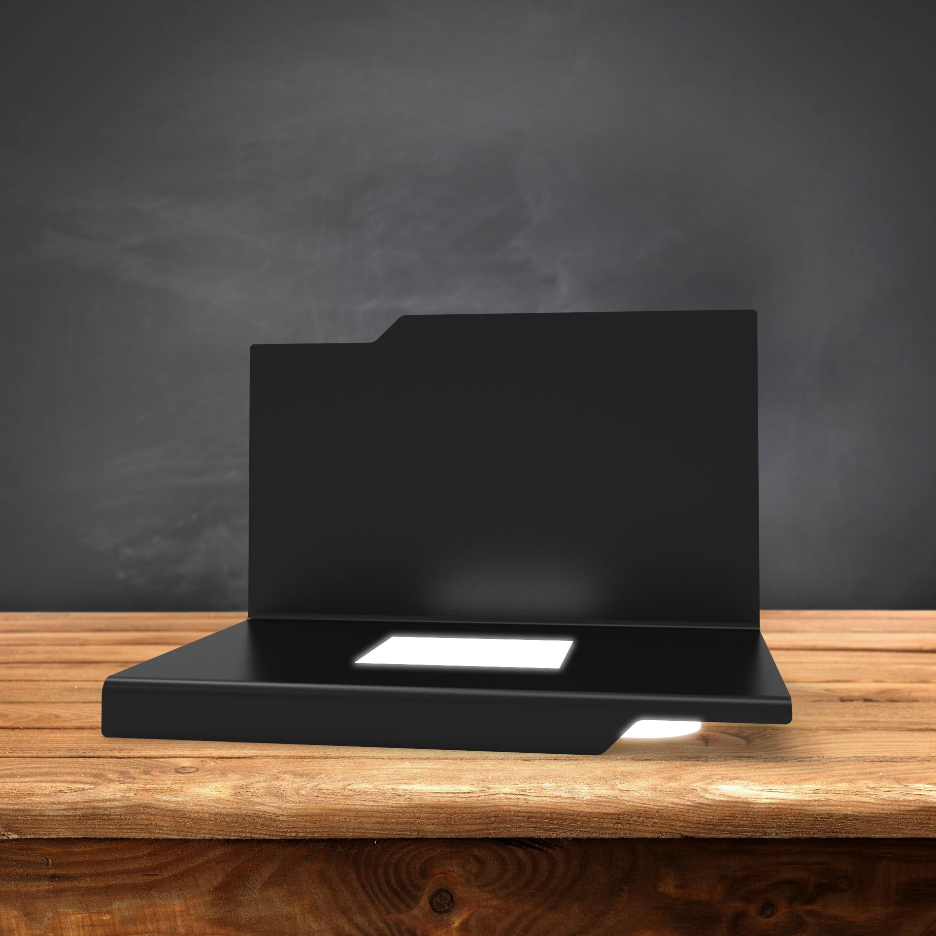 Base lumineuse LED en bois foncé sur une table en bois.